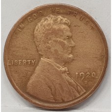 UNITED STATES OF AMERICA 1920D . ONE CENT COIN . KEY DATE